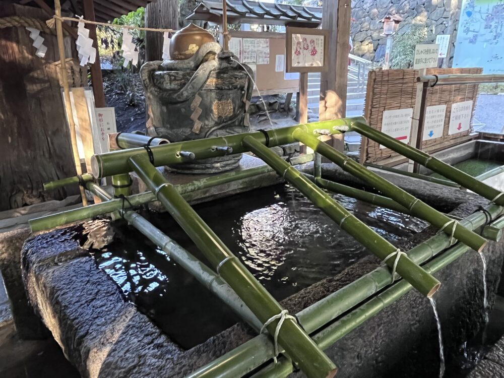 新しい青竹に替えられた大神神社の手水舎。