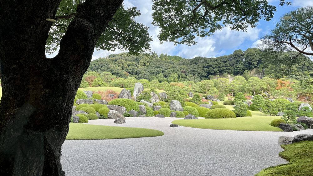 足立美術館の館内から眺める日本庭園。絵画のように切り取られた庭園風景